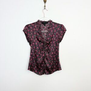 Express Design Studio Silk Floral Ruffle Blouse Y2K Button Front Top XS